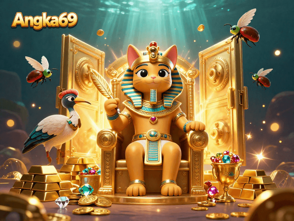 Join Angka69 for a thrilling gaming experience with pharaoh cat and treasures flying around in this vibrant casino scene.