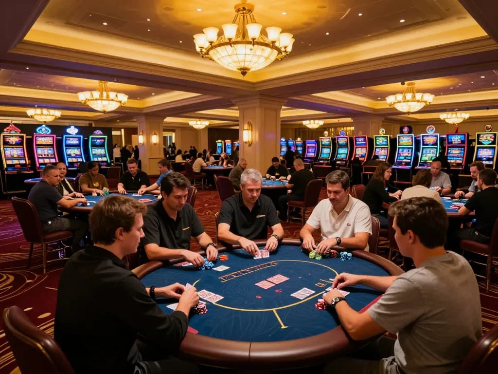 Players enjoying a thrilling poker game at the tập đoàn okwin casino, illuminated by elegant chandeliers.
