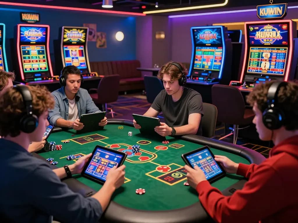 Diverse players enjoying online betting games at KUWIN, showcasing vibrant casino atmosphere.