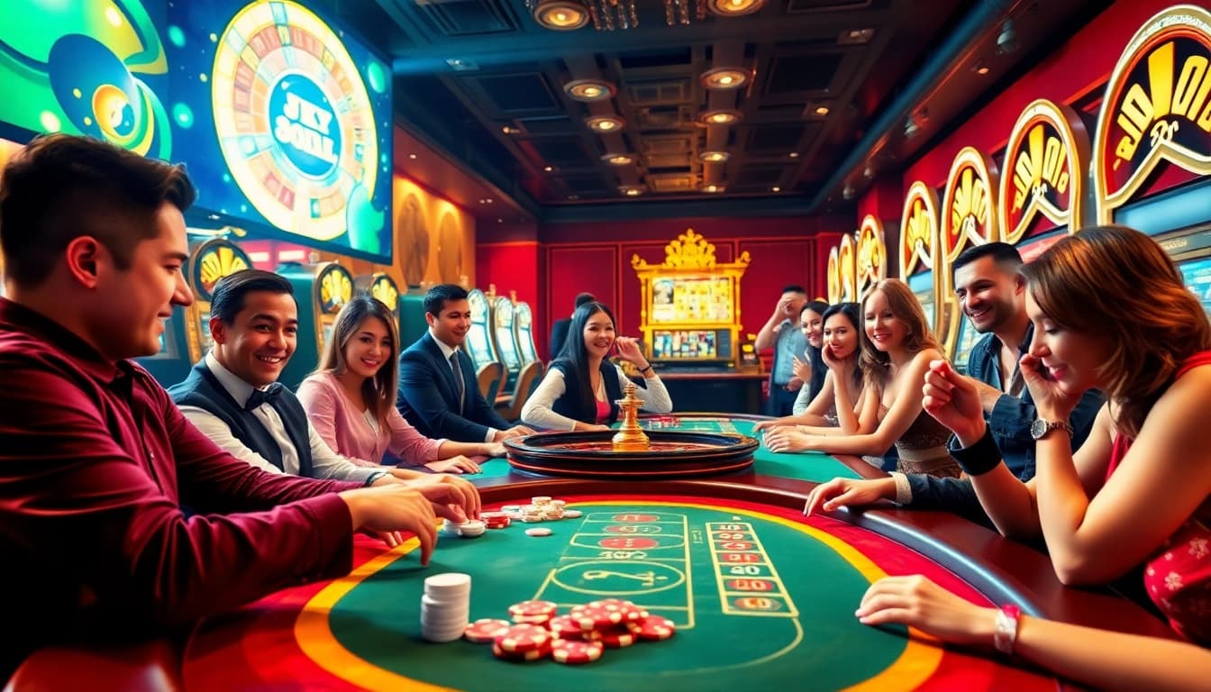 Players enjoying a thrilling online gambling experience at juragan77 with vibrant casino elements.
