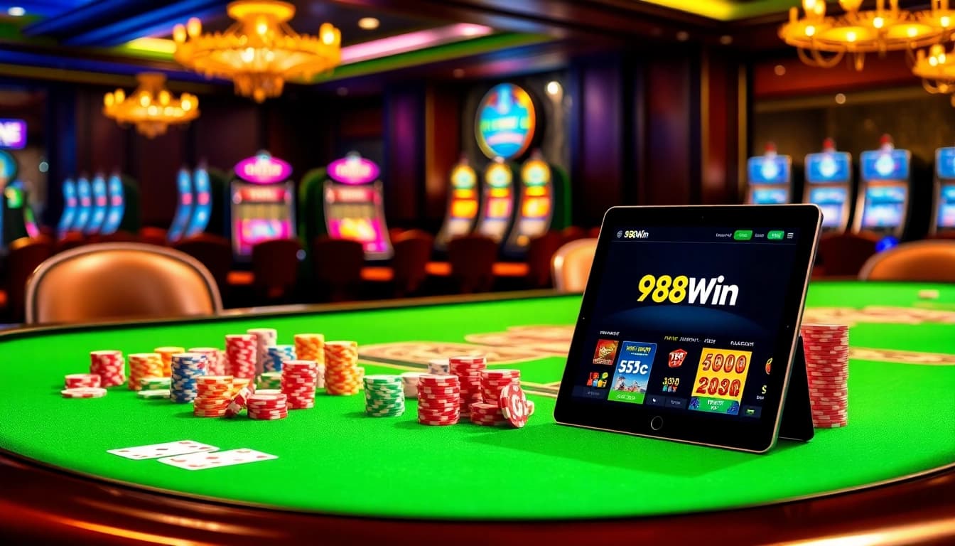 Experience the thrill of 98Win with vibrant casino elements like poker chips and elegant gaming tables.