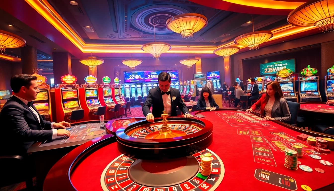 Experience the excitement of 23win with vibrant casino visuals featuring roulette, poker, and slot machines.