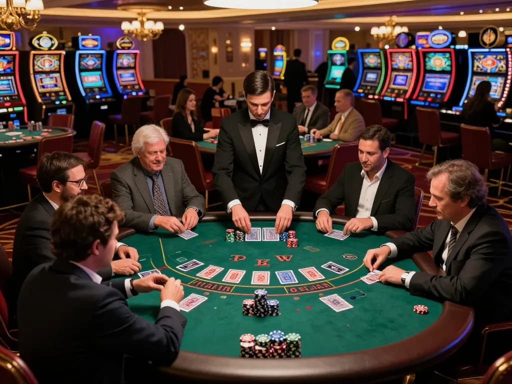 Players strategizing at a luxurious blackjack table in a Vegas casino, embodying the thrill of tx88 gaming.