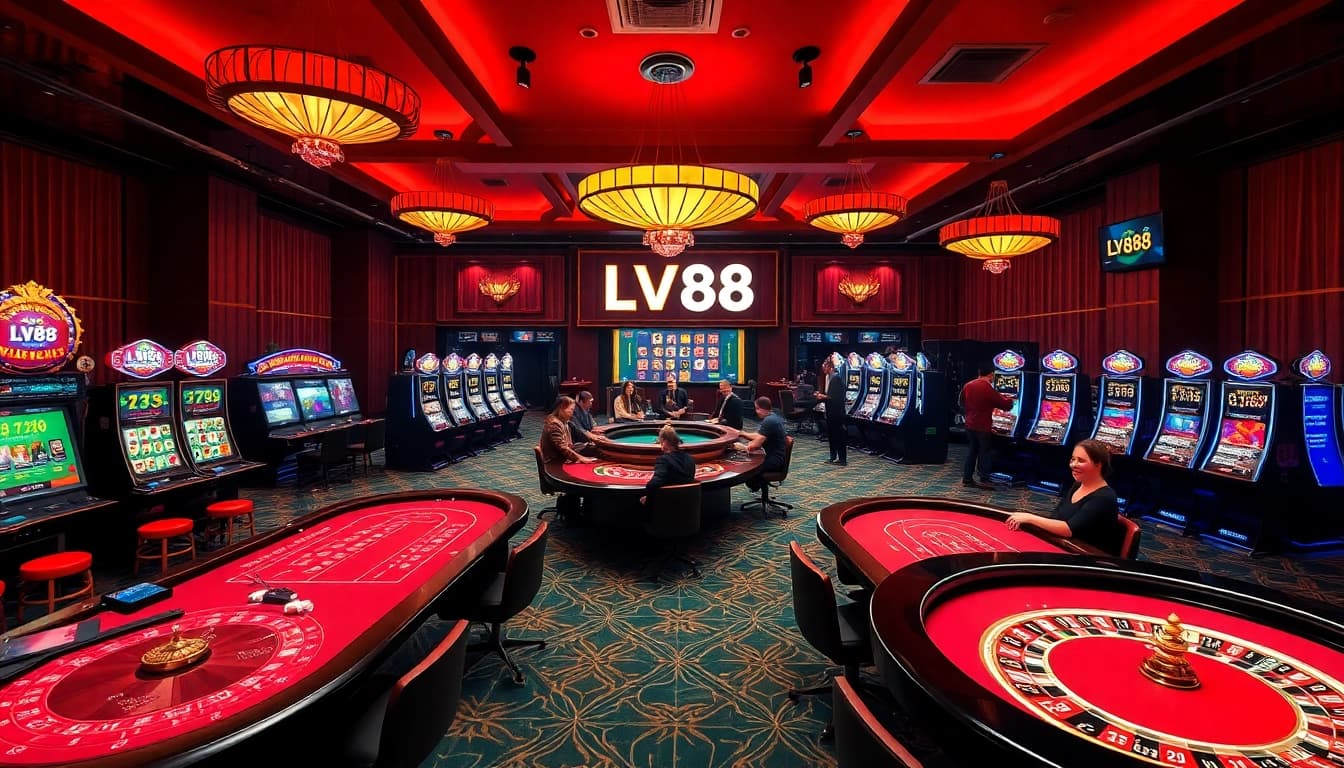 LV88 online casino experience with vibrant gaming tables and players celebrating wins.