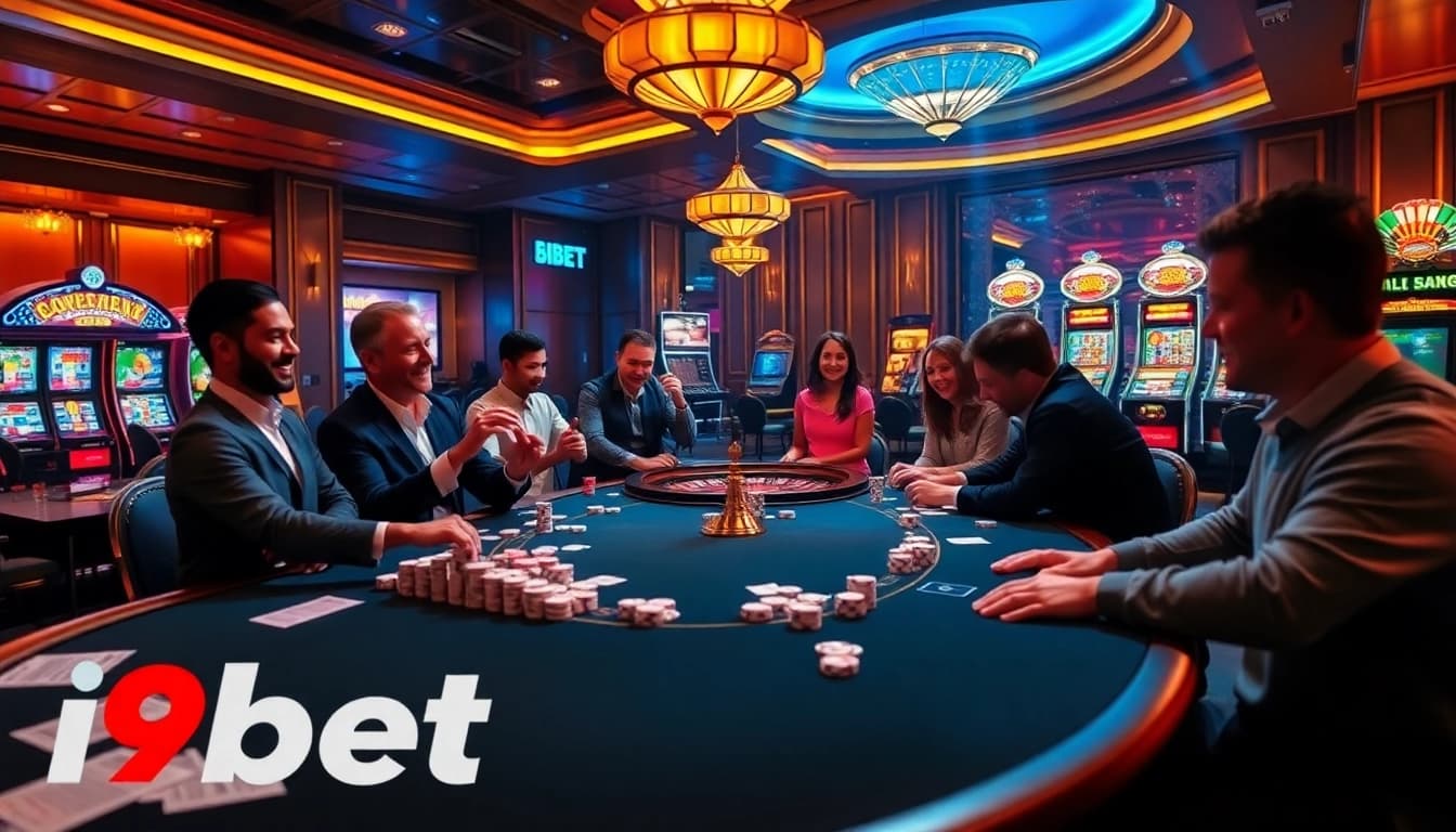 Experience the excitement of i9bet at a vibrant casino scene with players and slot machines.