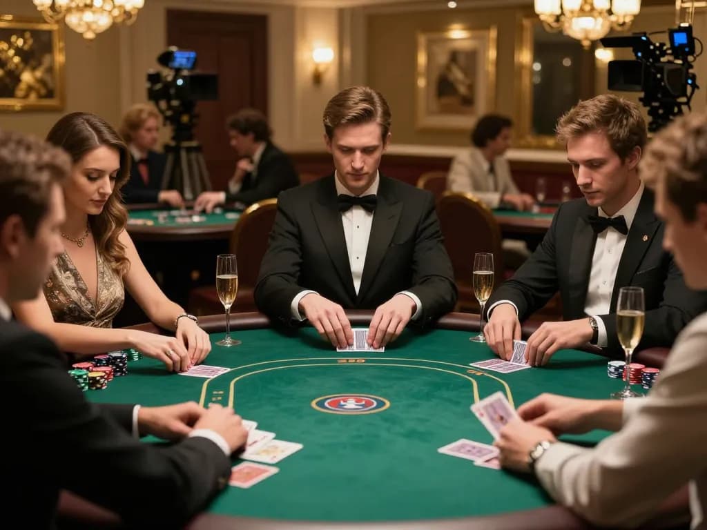 Players strategizing and placing bets at a premier 258bet poker table in an upscale casino setting.