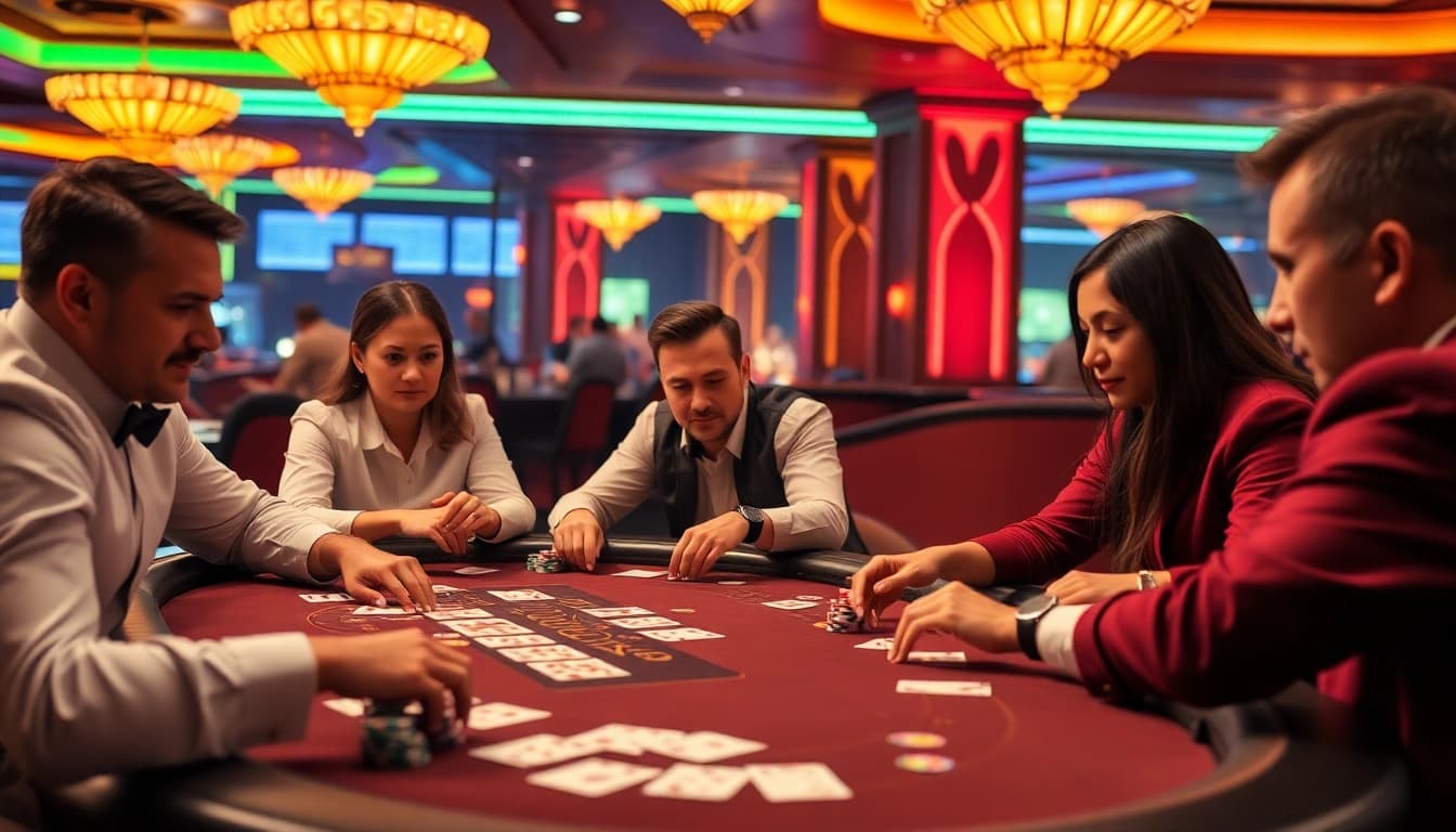 Players enjoy an exhilarating game at the BG Live poker table in a stylish casino atmosphere.
