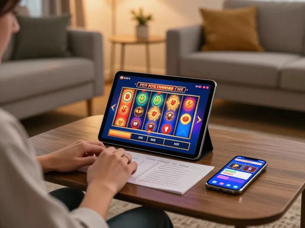 Player spins virtual slot machine on tablet in cozy living room, showcasing at-home gaming experience