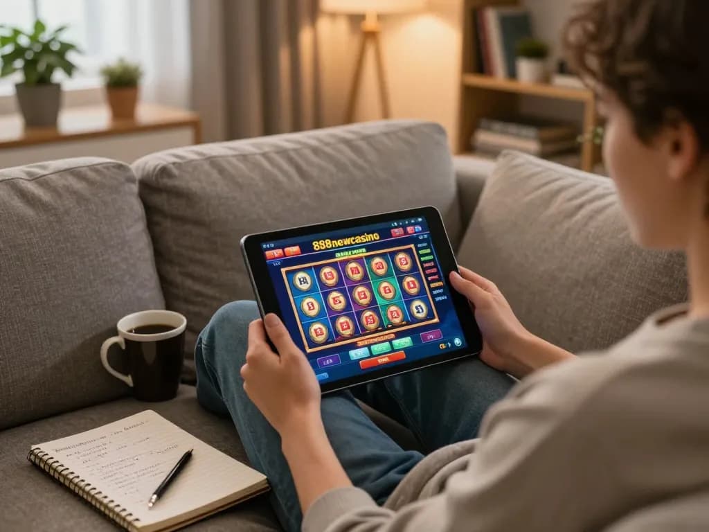 Player enjoying thrilling slots on a tablet at 888newcasino in a cozy home setting