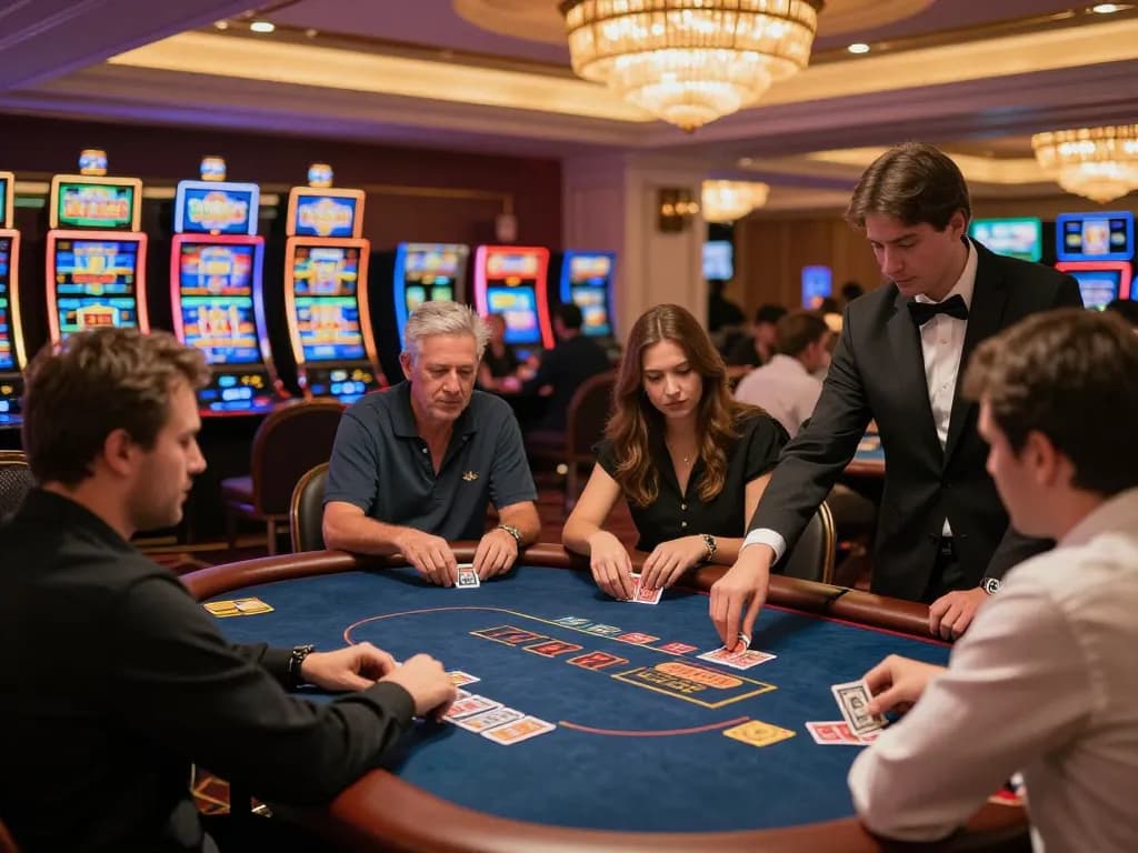 Engaged players at LC888 casino poker table strategy unfold amidst vibrant slot machines