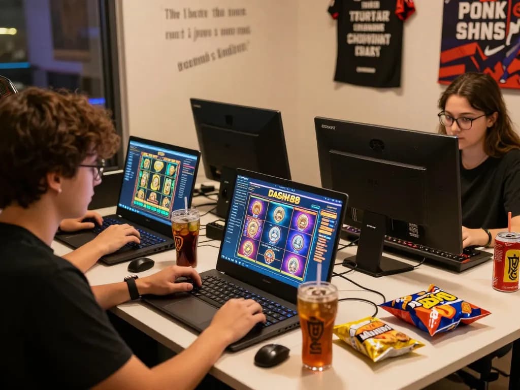 Engaged users playing Dash88 online slots on laptops with vibrant game screens.