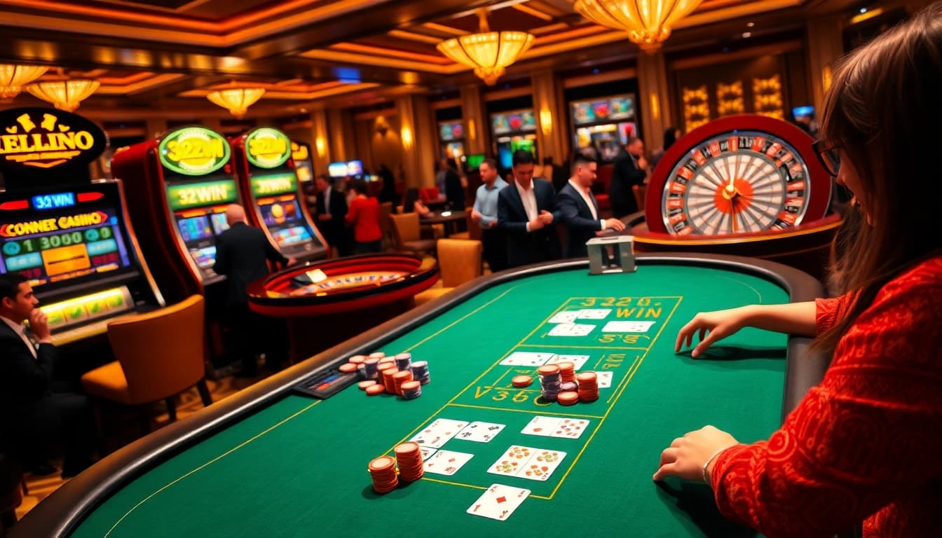 32WIN poker table with vibrant chips and cards, showcasing an exciting casino atmosphere.