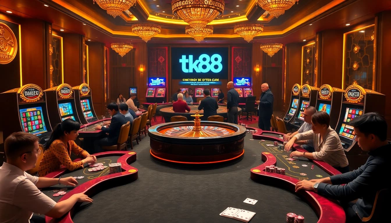 Experience the thrilling ambiance of tk88 with players engaged in intense poker and roulette games.