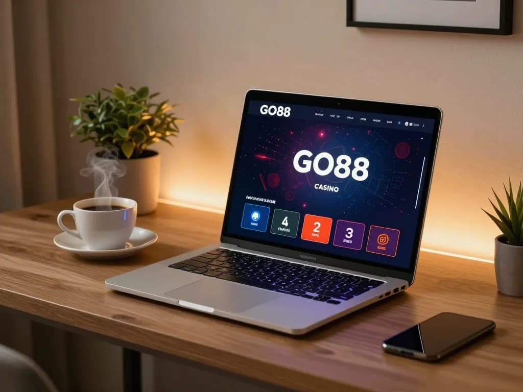 Engaging user enjoying GO88 online casino app on a sleek laptop with warm ambiance