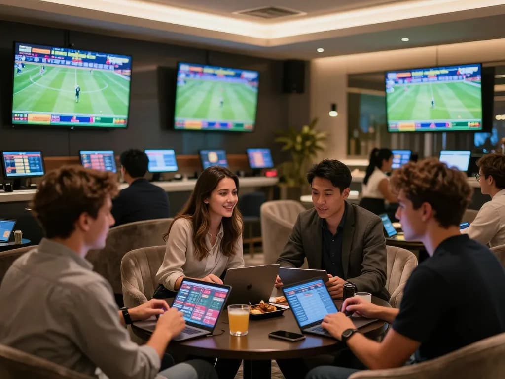 F168 sports betting enthusiasts discussing betting strategies in a chic lounge environment.