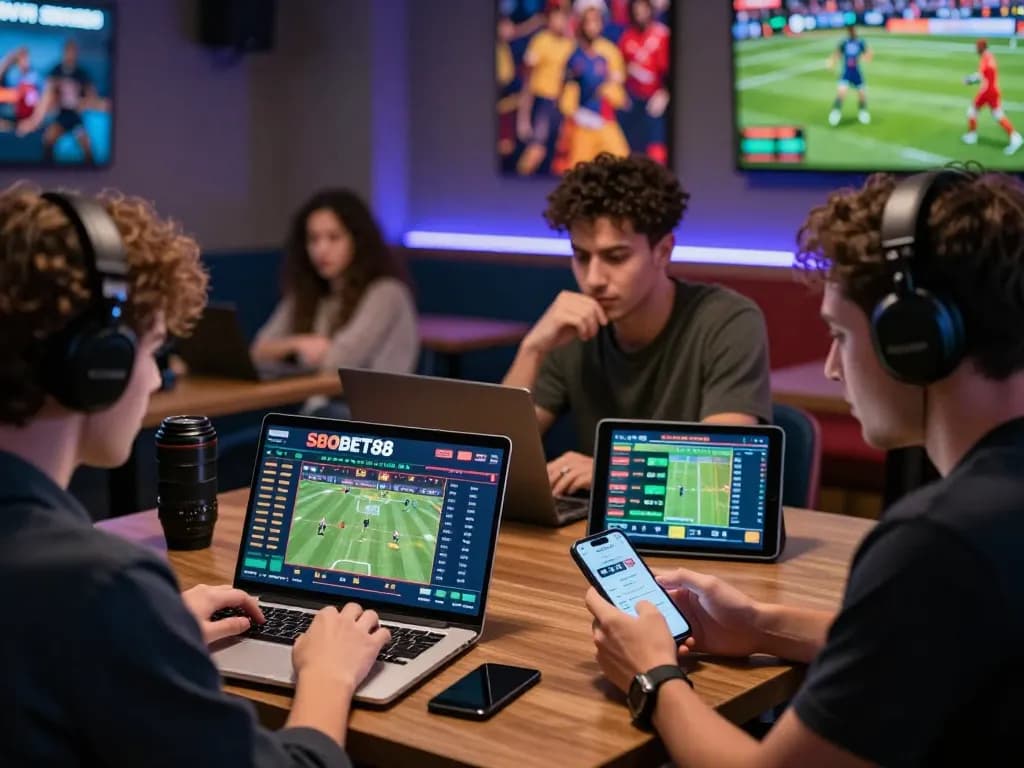SBOBET88 online betting enthusiasts discussing odds with laptops and smartphones in a modern lounge.
