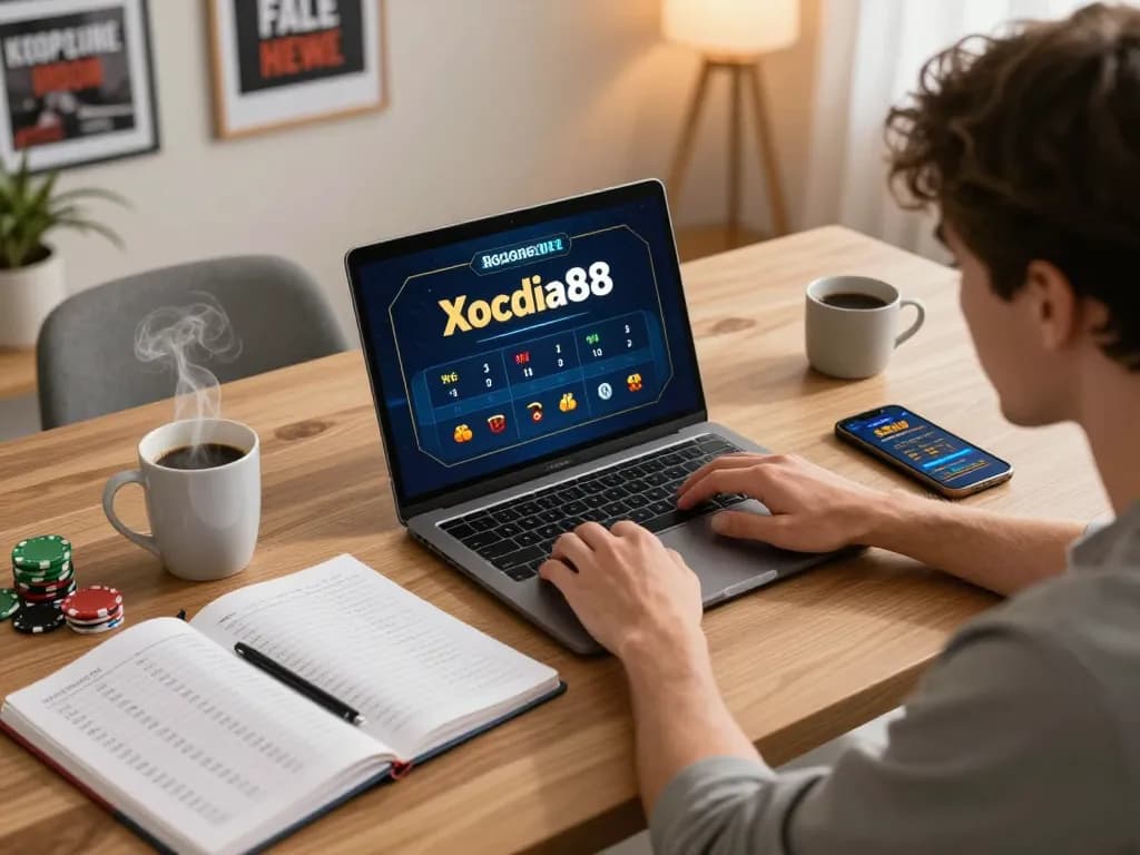Xocdia88 player analyzing strategies on laptop in cozy home office, focused on online gambling.
