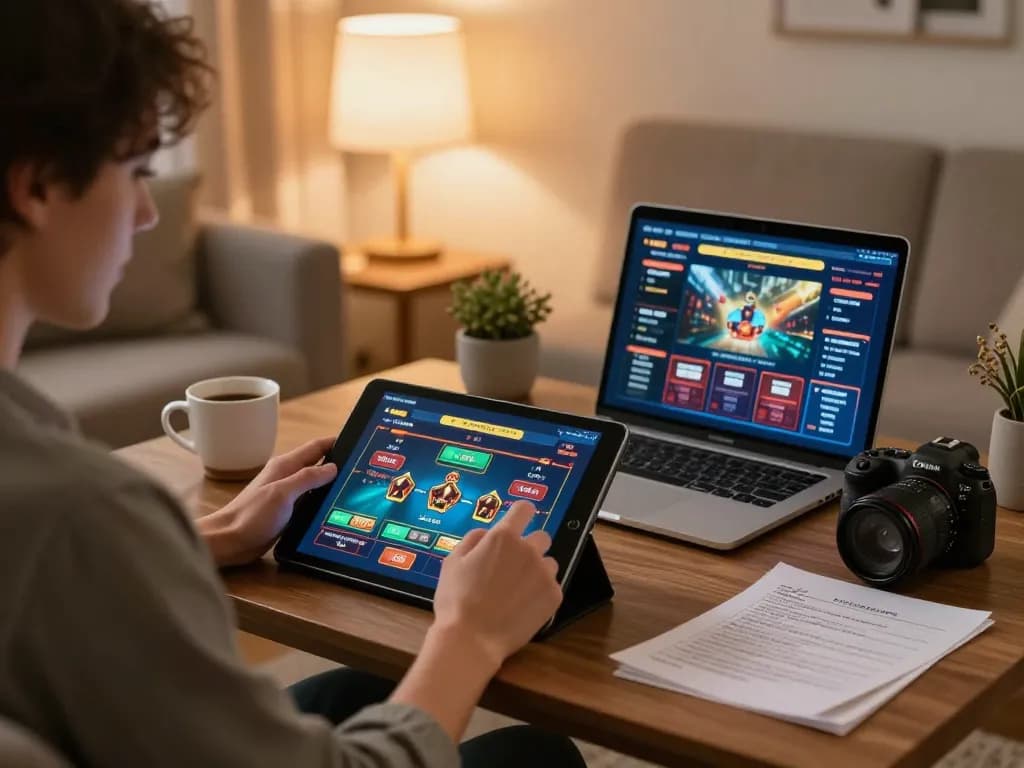 Player enjoying online TR88 casino games in a cozy living room with strategic notes.