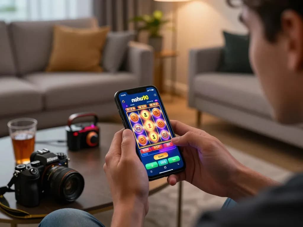 Player enjoying nohu90 online casino on smartphone, immersed in vibrant slot machine game.