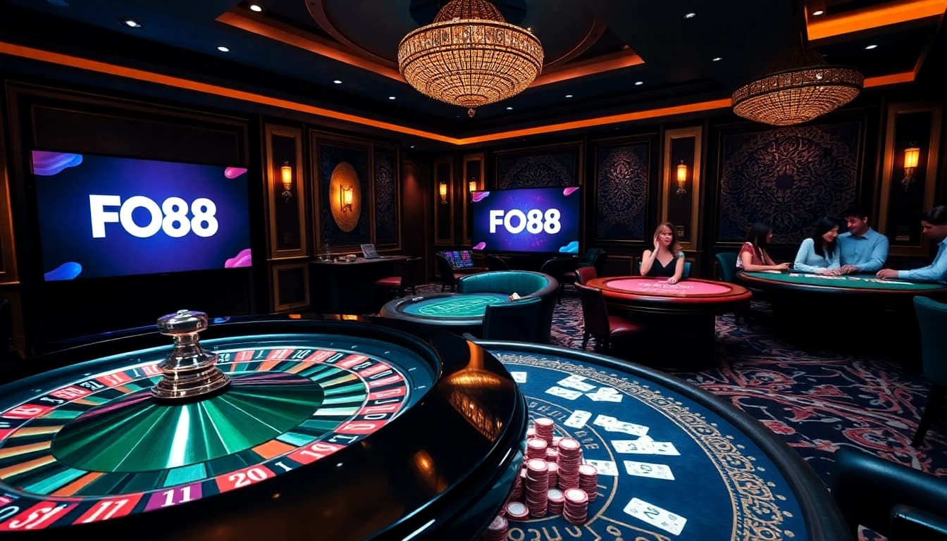 Players enjoying immersive gaming experiences at https://fo88.ltd/, showcasing excitement with roulette and poker.