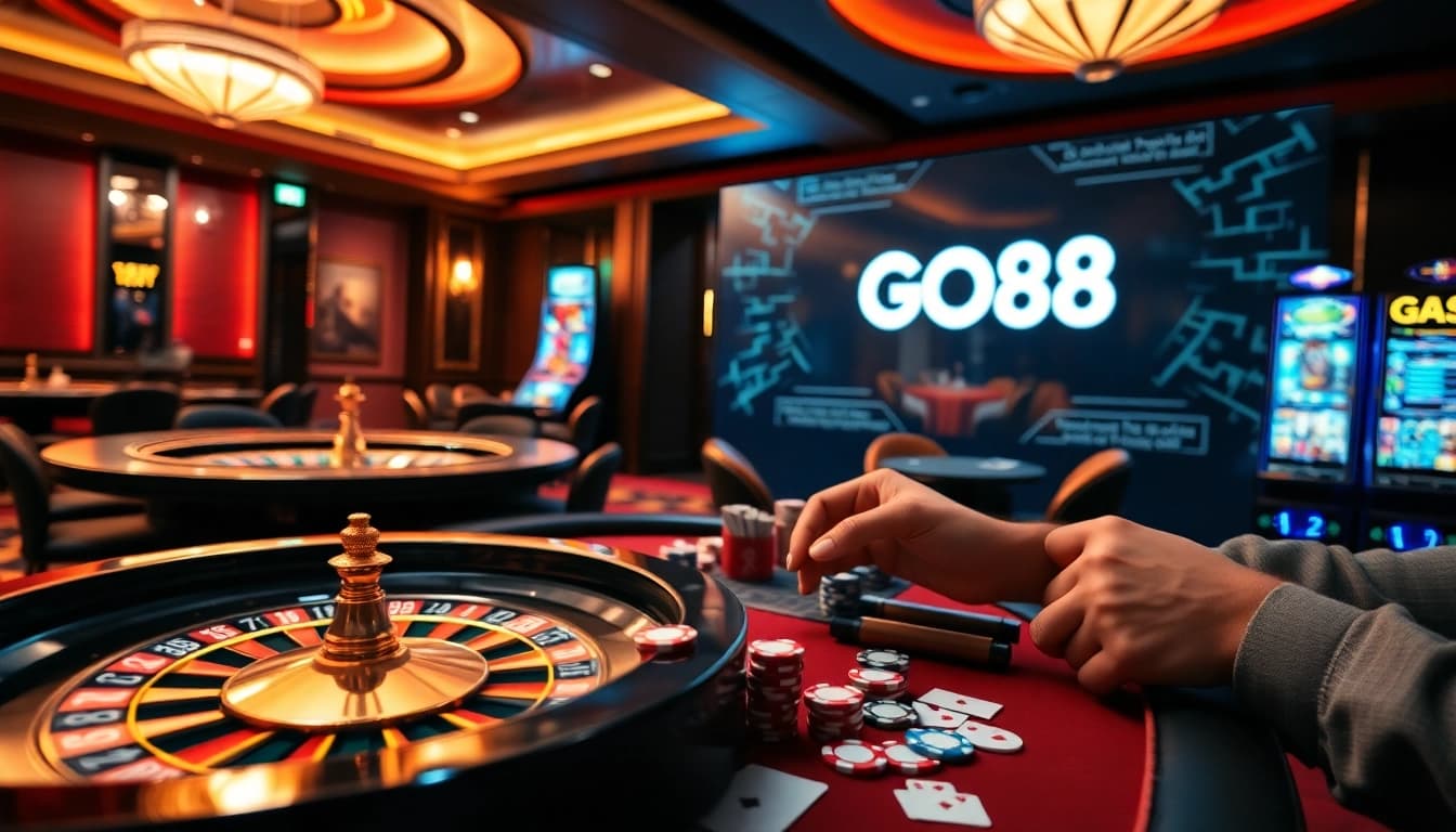 Players enjoy high-stakes poker at GO88 amid luxury casino surroundings.