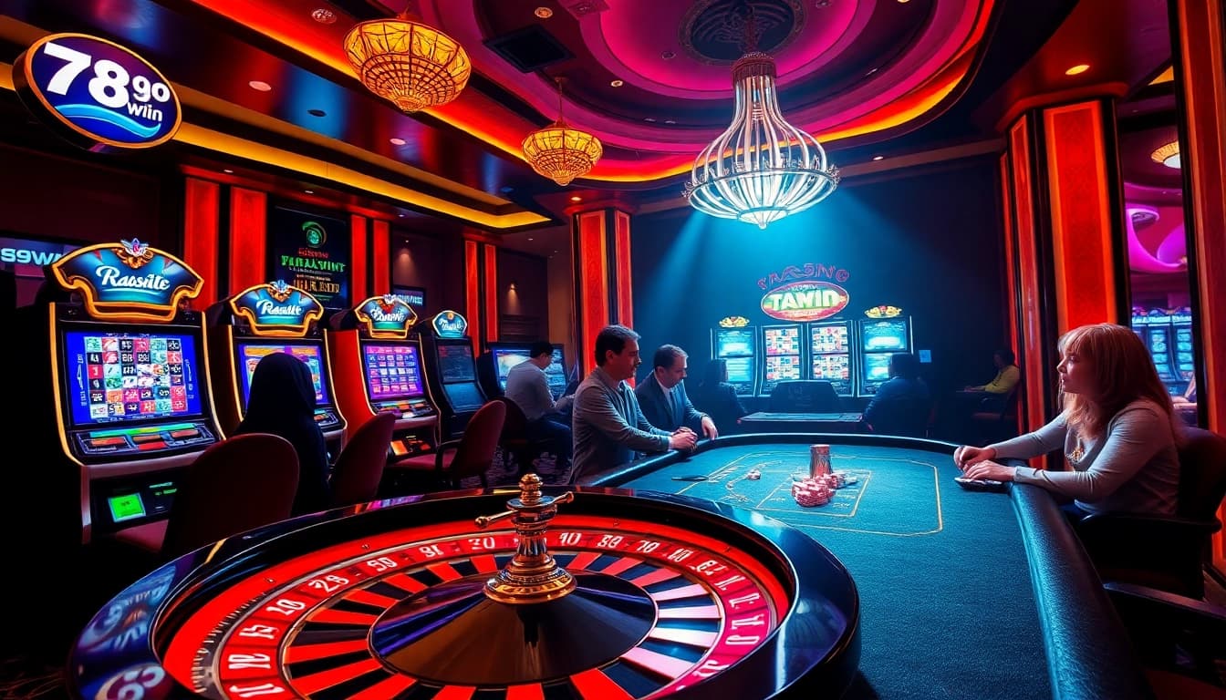 Exciting gaming scene at 789win casino with vibrant slot machines and poker tables.