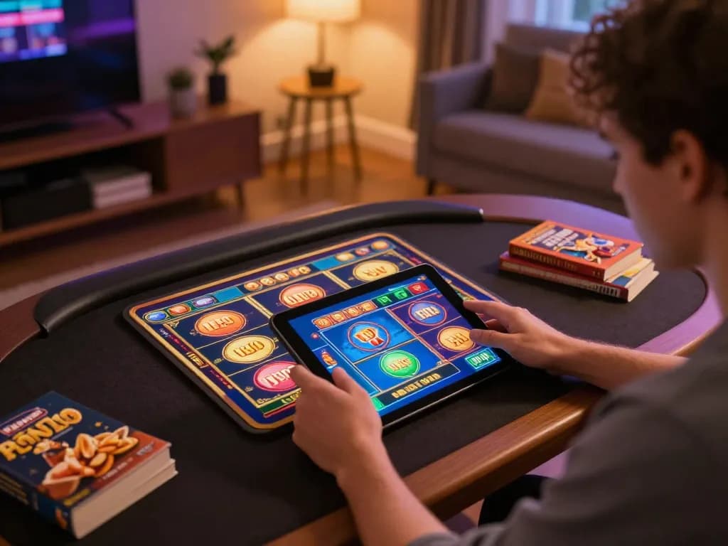 Player enjoying online gaming at nhà cái 8xbet on tablet, cozy home atmosphere with snacks.