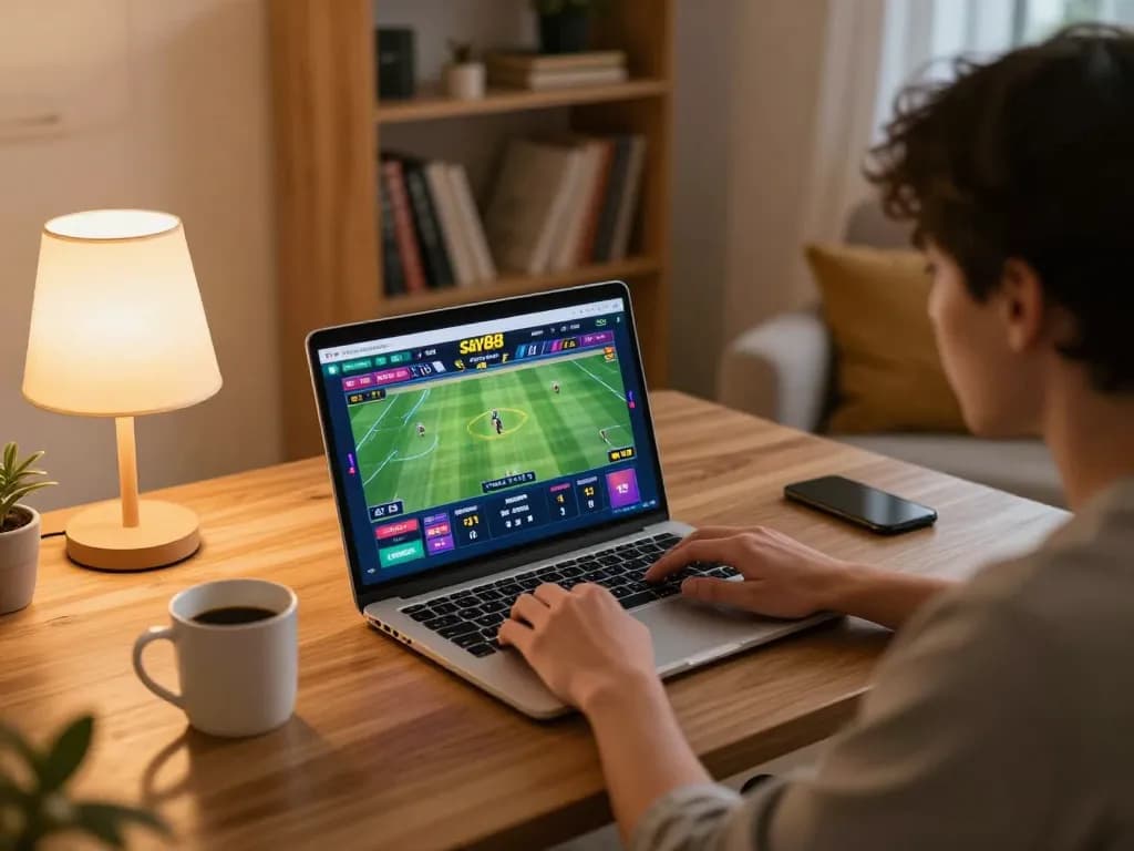Engaged player using say88 sportsbook for sports betting in a cozy home setup.