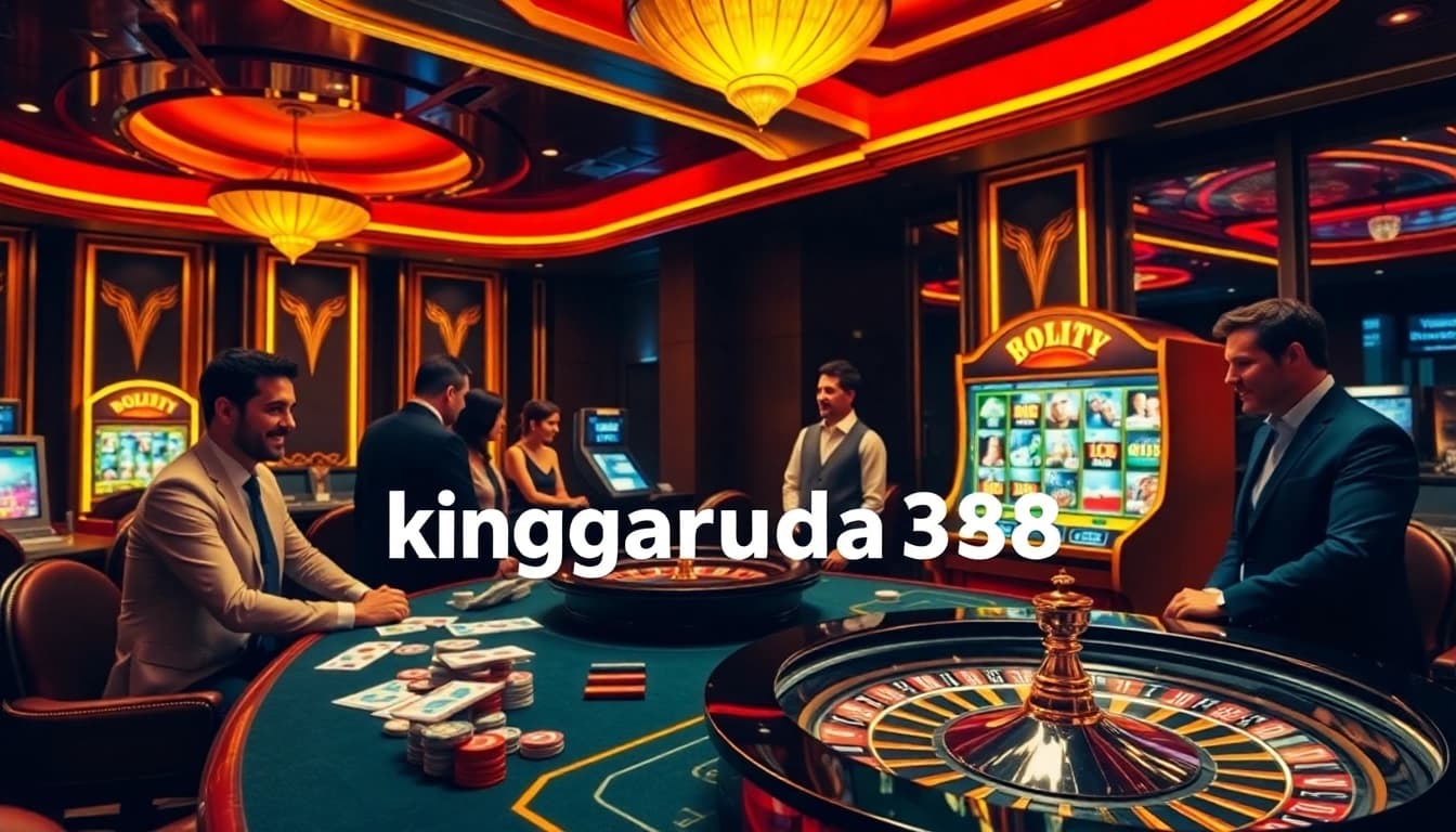 A lively casino scene showcasing exciting games like those offered by kinggaruda138, with vibrant colors and engaging players.