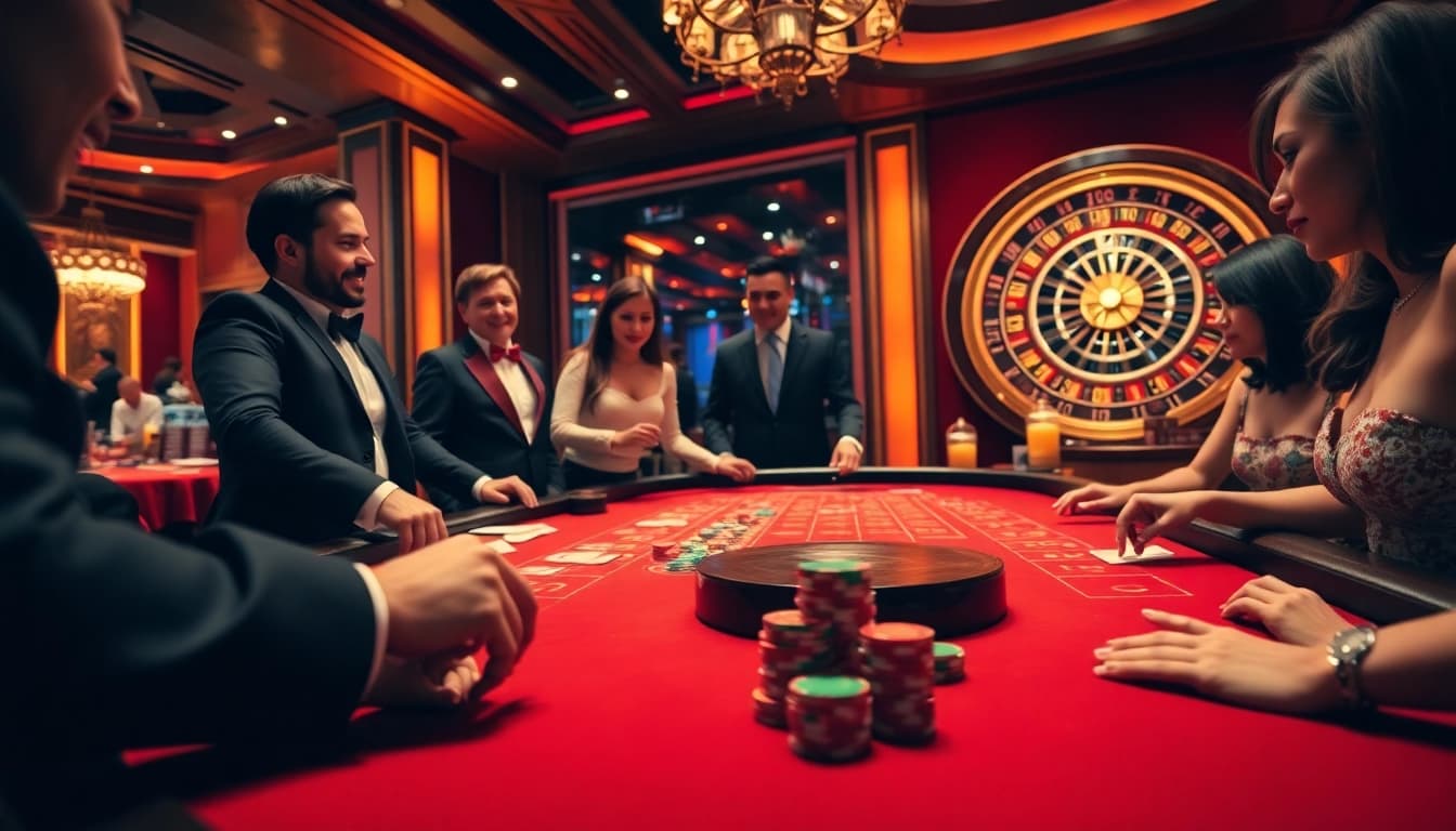 Players engaging at a luxurious lô đề uy tín table, showcasing vibrant betting slips and casino excitement.