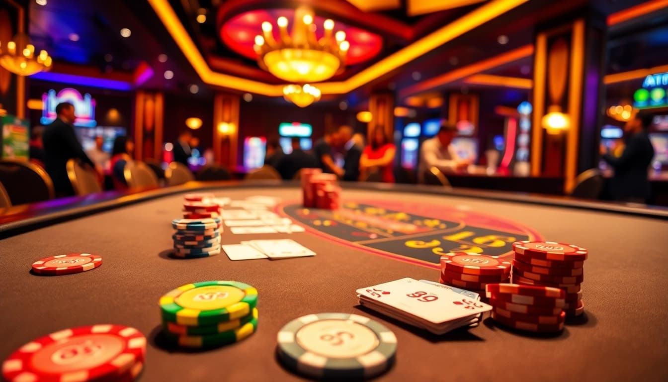 Engaging scene featuring an AT99 casino table with chips and cards for an electrifying game.