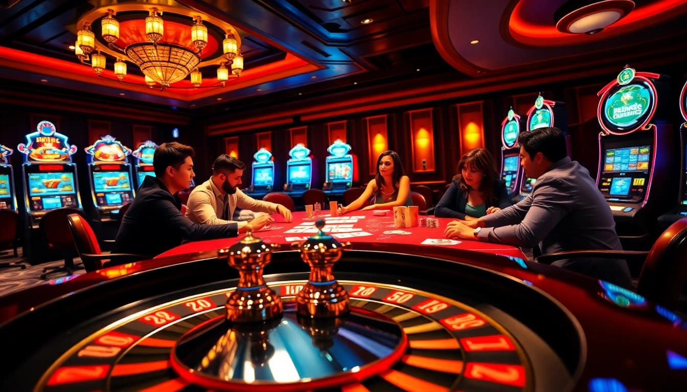 33win68 poker game with glamorous ambiance, chips, and roulette wheel spinning.