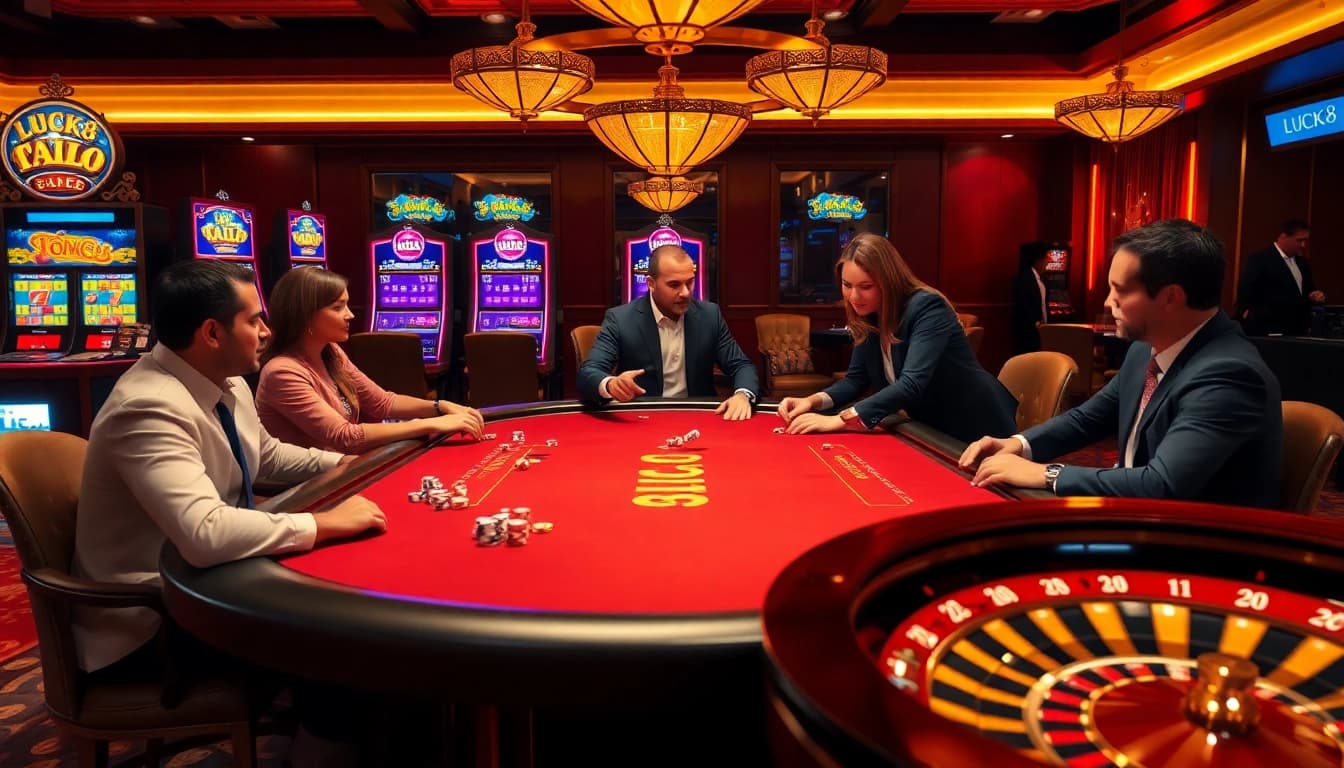 LUCK8 casino players engaging at a vibrant poker table in an upscale gaming environment.