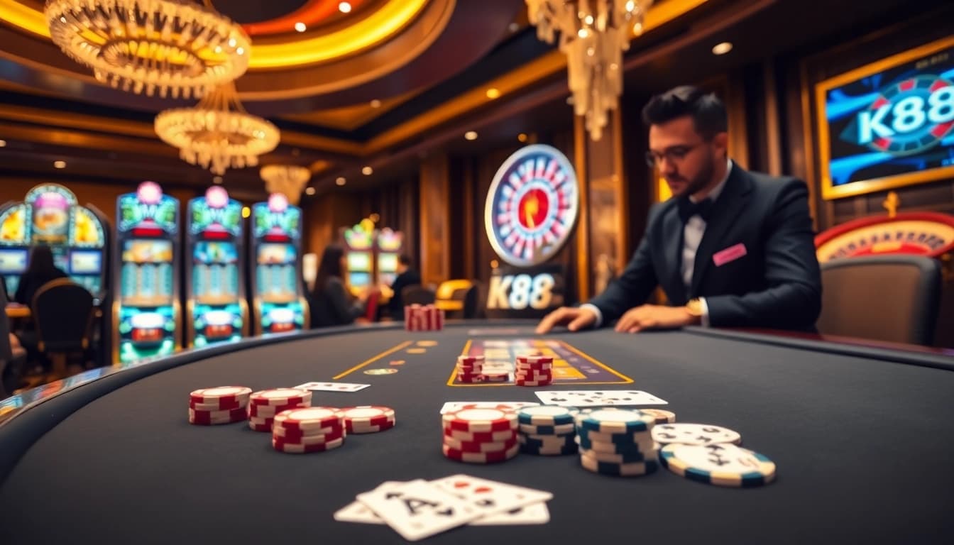 K88 casino scene showcasing colorful poker chips and engaging dealer at a gambling table.