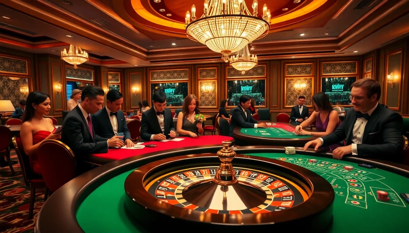 Kkwin poker players engaging in high-stakes action at a luxurious casino table.