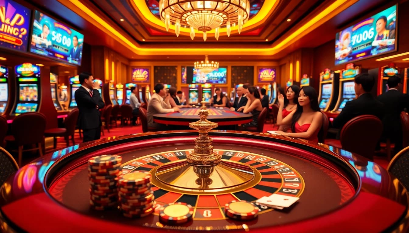 Engaging gamblers at a vibrant casino showcasing link vào five88 on digital interfaces, roulette, and slot machines.