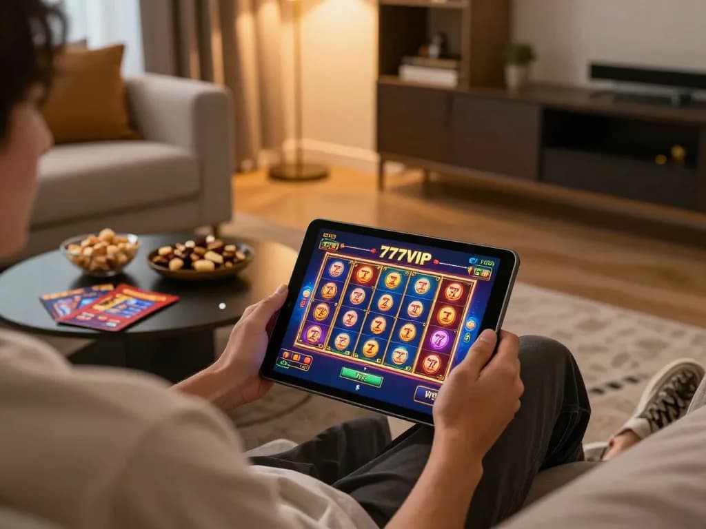 Engaging in 777VIP online casino games on a tablet in a cozy home setting.