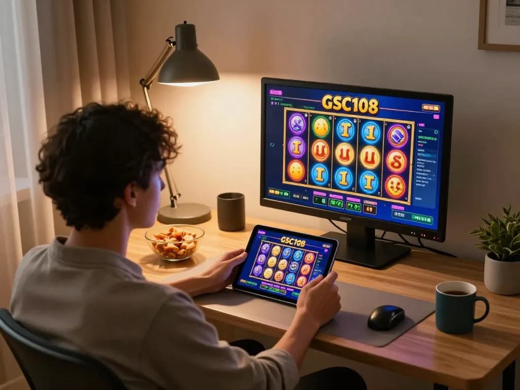 Permainan menarik di slot online Gsc108 menampilkan grafis yang cerah dan gulungan di lingkungan rumah yang nyaman.