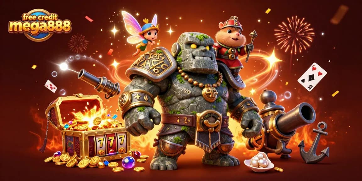 Maximize your winning chances with free credit mega888 as a stone golem guardian, fairy, and hamster knight celebrate in a vibrant casino scene.