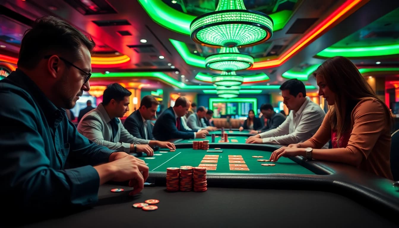 Engaging players in a vivid uvip casino scene with poker and blackjack action.