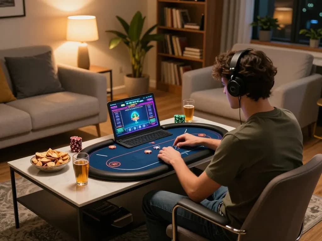 lmhistory online poker setup with a player focused on laptop and inviting home atmosphere