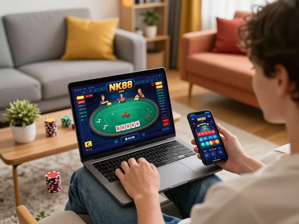 Player engaged in NK88 online poker game on laptop and smartphone in cozy home setting