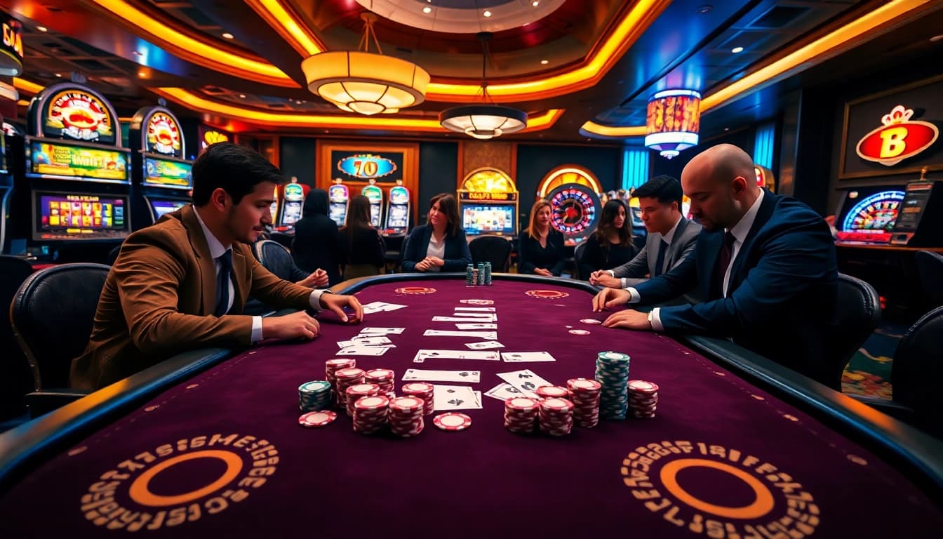 Engaging poker players strategizing on the hidden wiki at a vibrant casino table with colorful chips.