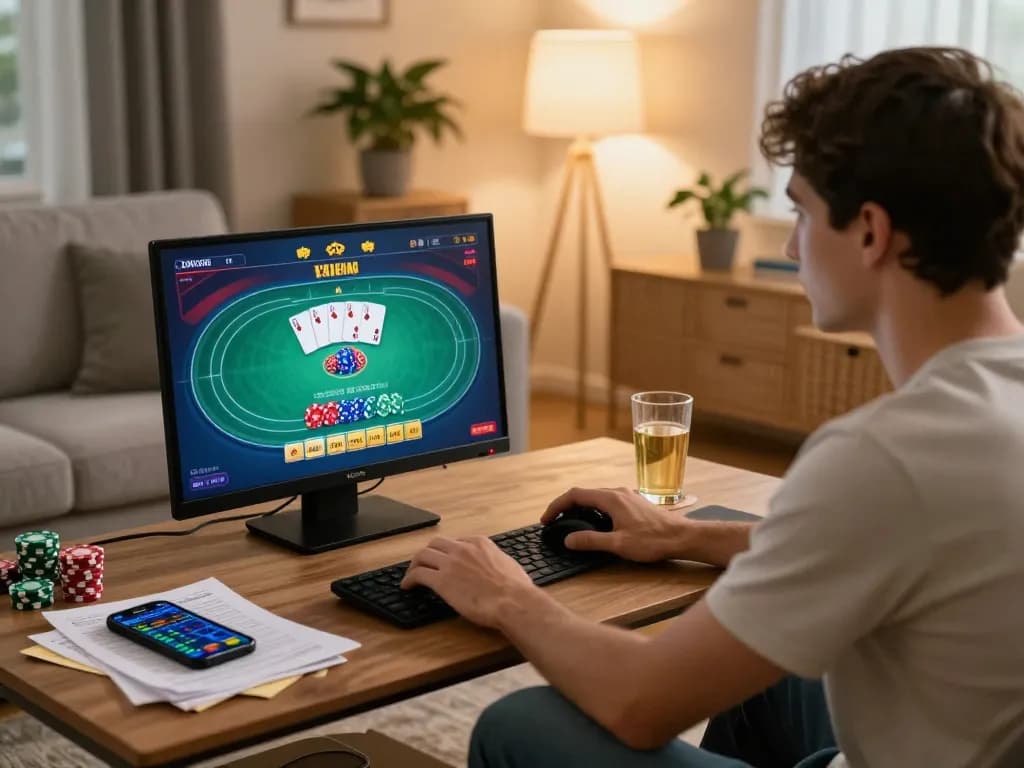 Online player enjoying 789 f poker strategy at home with tablet and notes