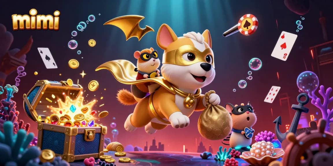 Mimi casino game experience: the superhero dog flies alongside treasure and poker elements