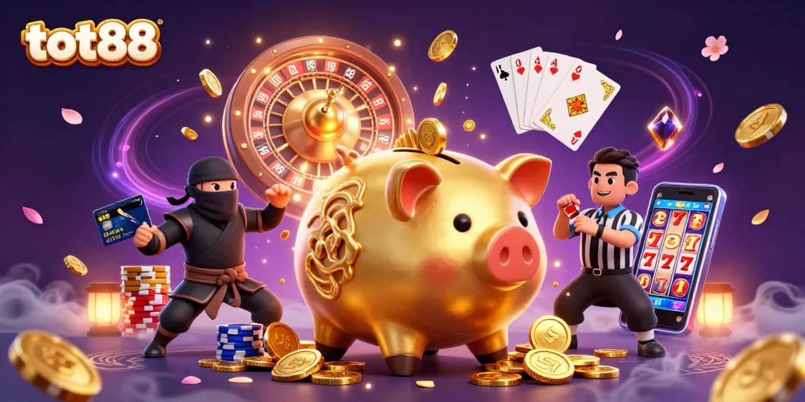 tot88 showcases epic gambling action with a piggy bank sumo wrestler, coins flying, and a dynamic casino scene.