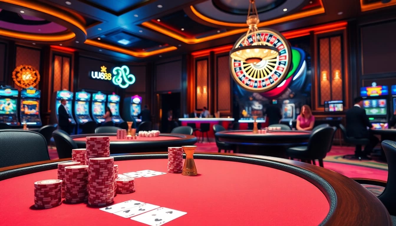 Players enjoying a luxurious casino atmosphere showcasing uu88 with poker tables, roulette wheels, and vibrant slot machines.