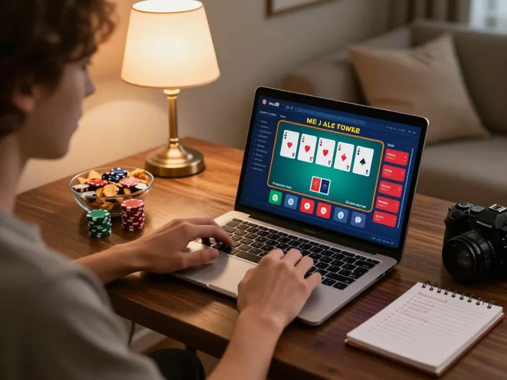 Player enjoying F168 com poker game on laptop in cozy home setup with strategies visible