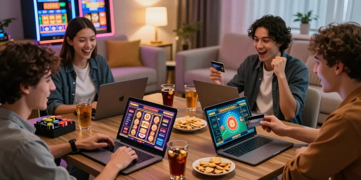 Friends celebrating while using credit card casino sites in a lively home setting.