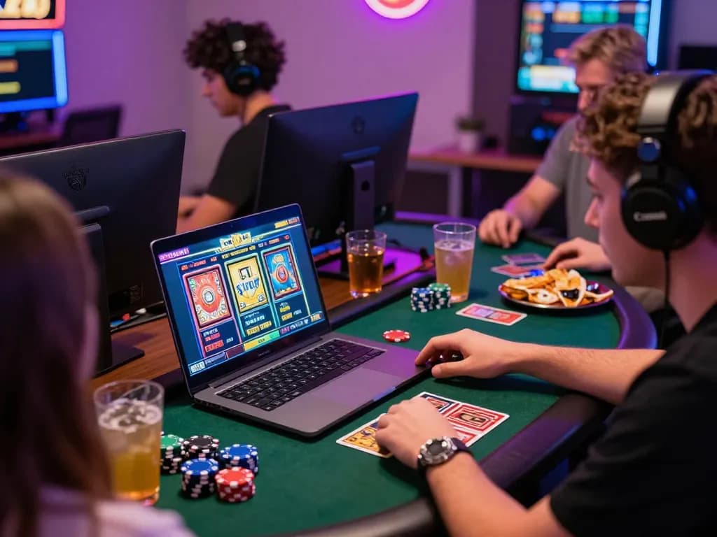 Pemain merasakan kegembiraan link gacor dalam pengaturan permainan di rumah yang cerah dengan grafik slot berwarna-warni.